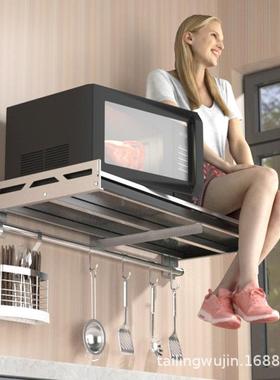 免打孔家用黑色不锈钢厨房微波炉收纳置物架墙上壁挂式烤箱支储物