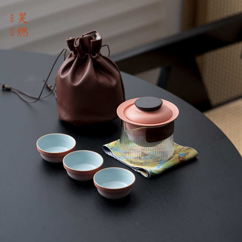 昊燃 玻璃便携式旅行茶具套装快客杯一壶三杯随身户外露营陶瓷茶