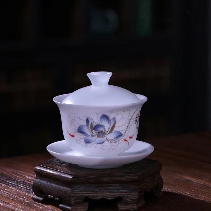 新款冰种素烧三才盖碗生肖龙泡茶碗国潮风家用茶碗防烫喝茶碗