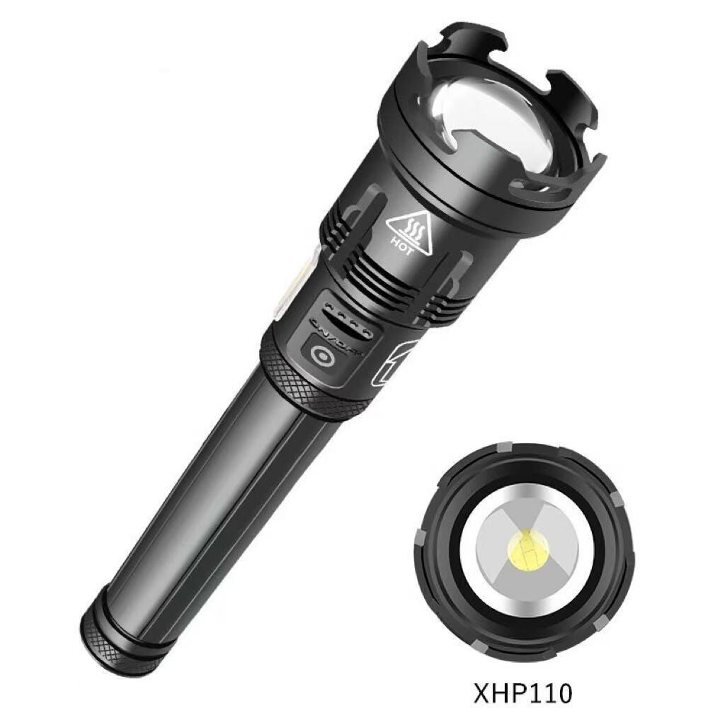 跨境P99强光手电筒XHP110+COB双光源伸缩变焦带电显户外探照灯