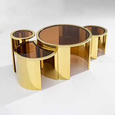 轻奢圆形茶几套装豪华别墅客厅现代钛金不锈钢coffee table set