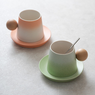 乐梦绿日式玻璃咖啡杯办公室高档水杯木柄马克杯渐变复古粗陶茶