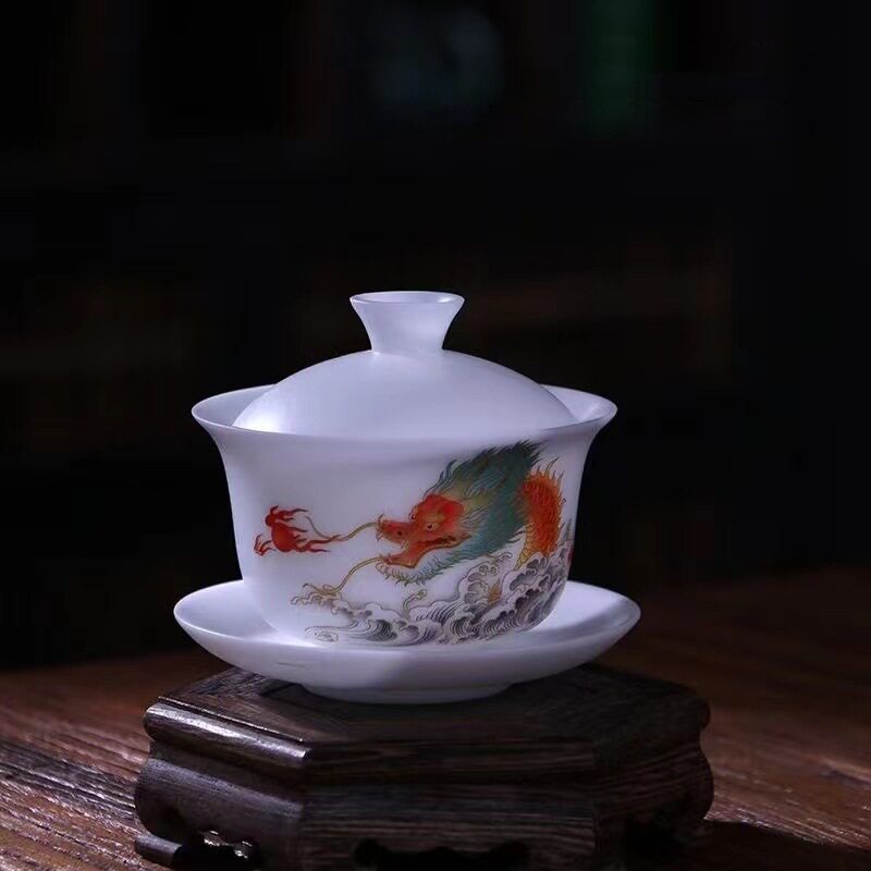 新款冰种素烧三才盖碗生肖龙泡茶碗国潮风家用茶碗防烫喝茶碗
