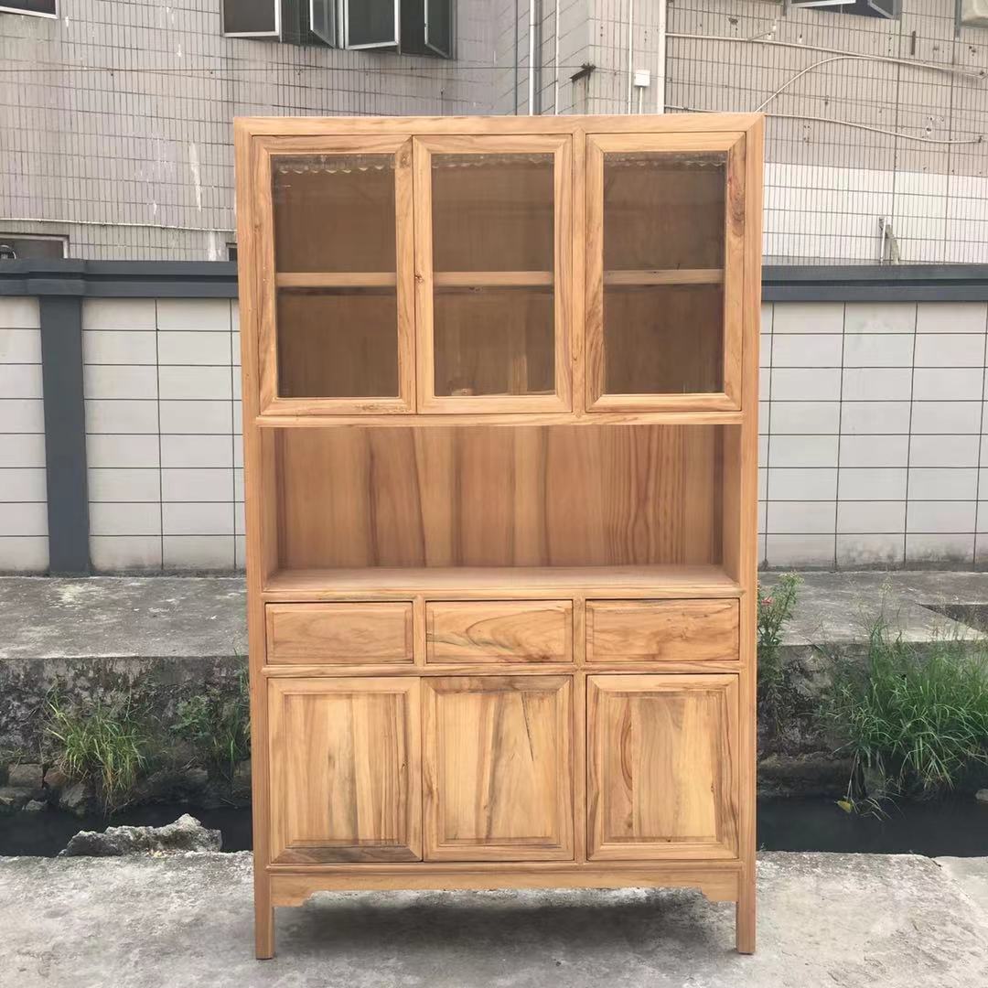 中式香樟木玻璃门三门书柜整装