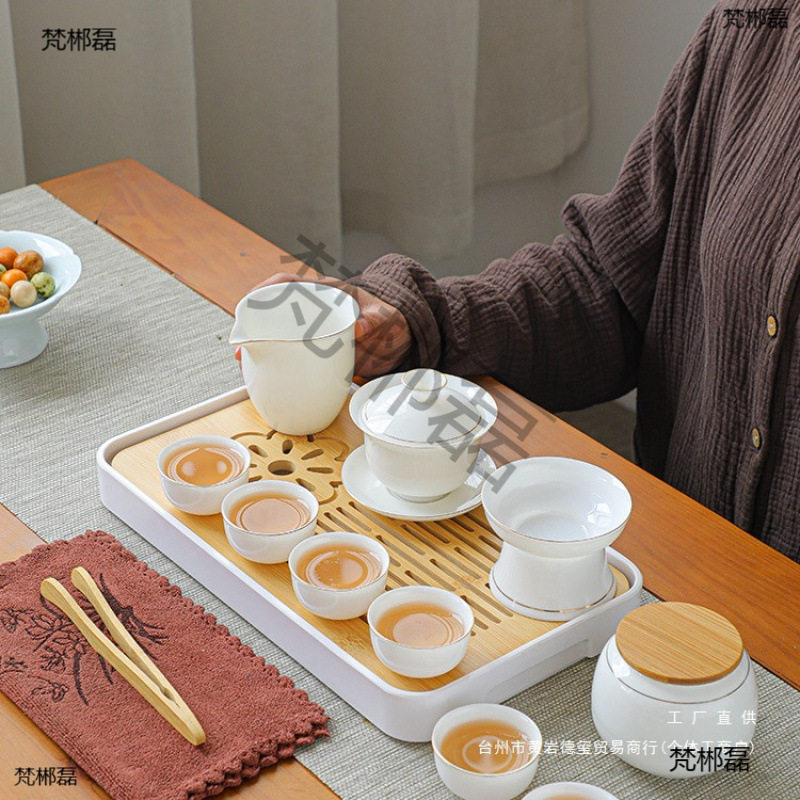 旅行茶具套装羊脂玉盖碗便携式功夫罐茶盘一壶三四杯茶艺礼品可订