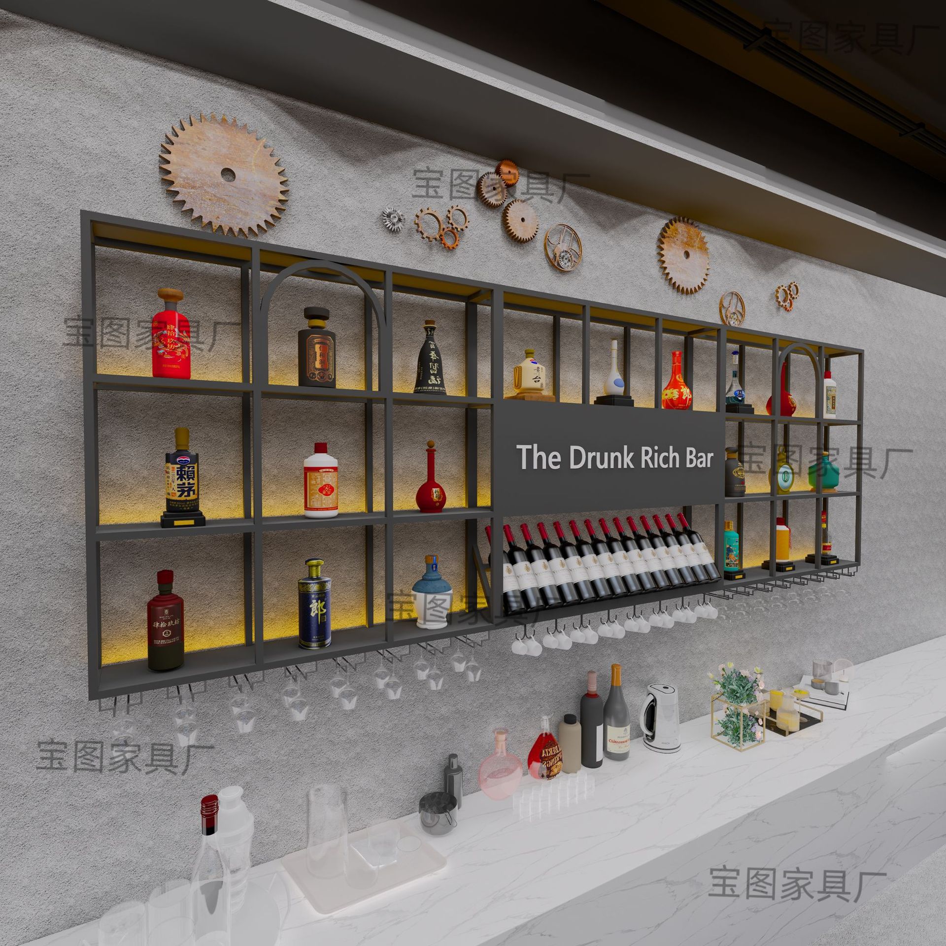 靠墙壁挂工业风铁艺红酒架