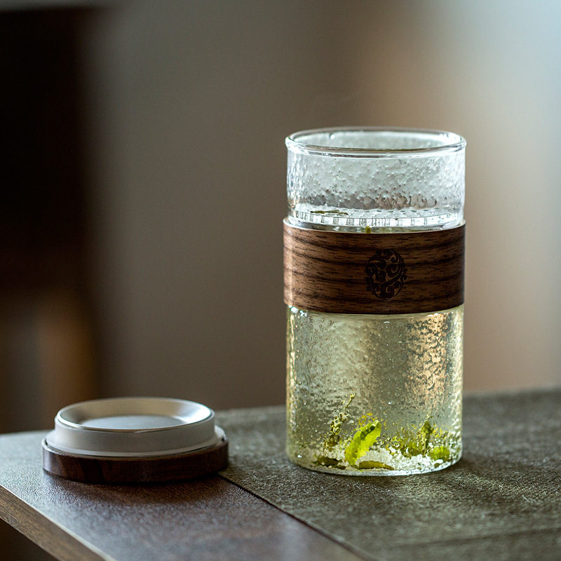 小号中式锤纹月牙个人杯办公室带过滤木盖茶杯家用耐热玻璃泡茶杯