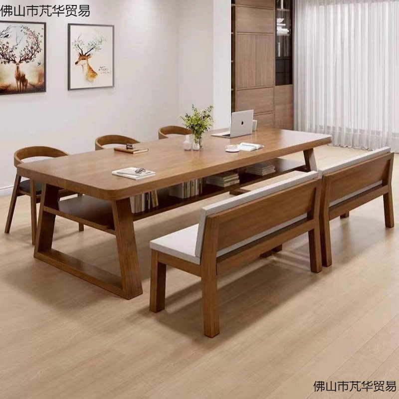 实木长条书桌面学习桌现代简约家用电脑阅读桌工作台书桌书架一体图片