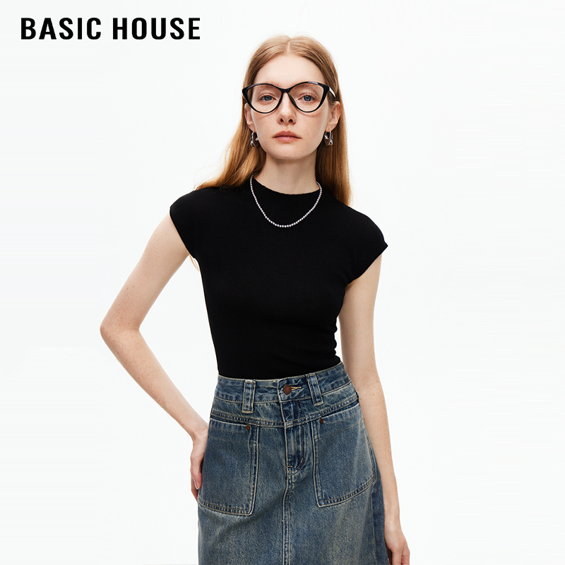 百家好/Basic House纯色修身中低领花边飞袖针织衫女无袖上衣夏