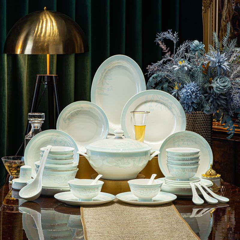 唐山骨瓷餐具套装家用釉下彩陶瓷碗筷盘子新中式碗碟套装2025新款