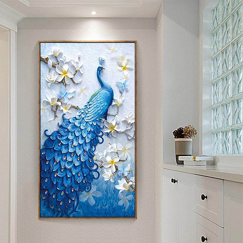 美岸5D孔雀蓝色竖版玄关钻石绣满钻客厅点钻十字绣简约现代钻石画