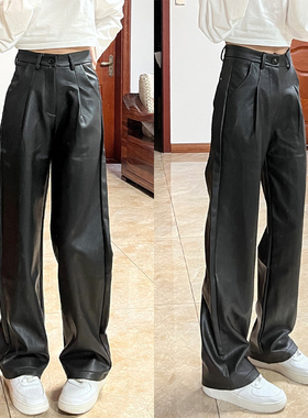 速发皮裤春秋冬款024新2宽松腰闲直筒裤高休复古黑色PU皮阔腿裤