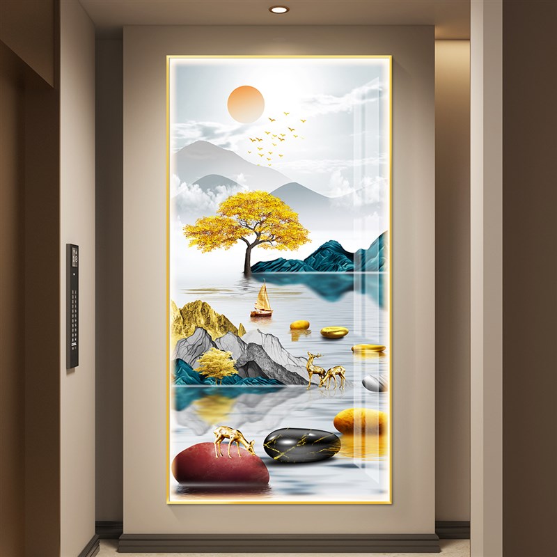 速发带灯轻山入户进门玄关装饰画挂画壁气竖版大画奢水画简约