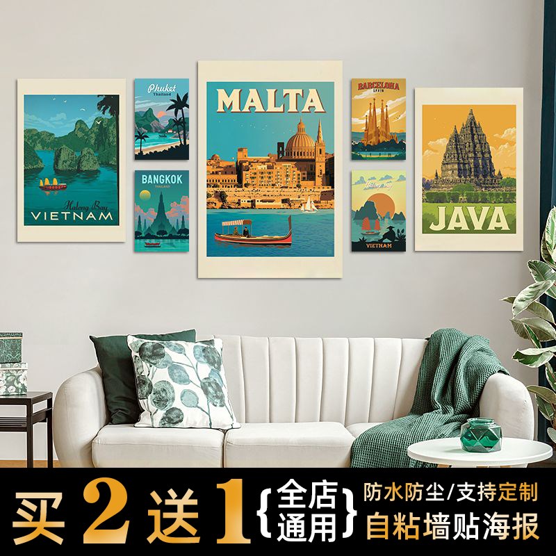 速发东南亚泰画风米海报墙贴曼谷普吉岛甲情清迈风景自粘墙国瑜伽