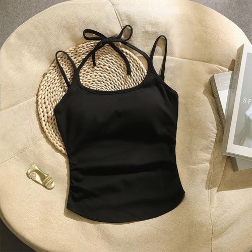 速发0无斤加大码心式辣妹0袖挂脖吊带背法打底外穿带胸垫上衣