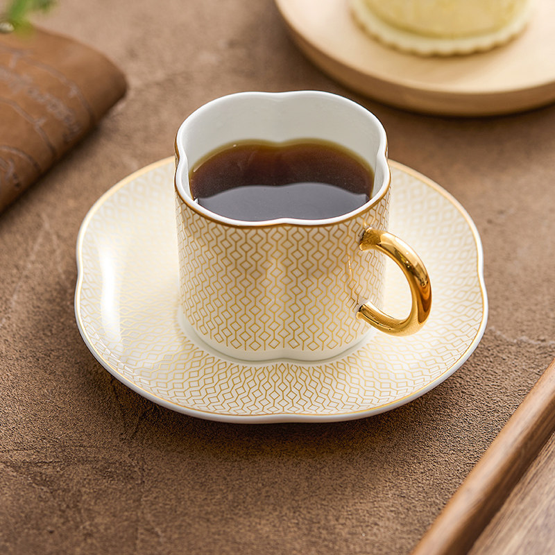 速发优格描金电装格纹陶瓷咖啡杯杯碟套镀茶餐茶下午茶点心碟厅杯
