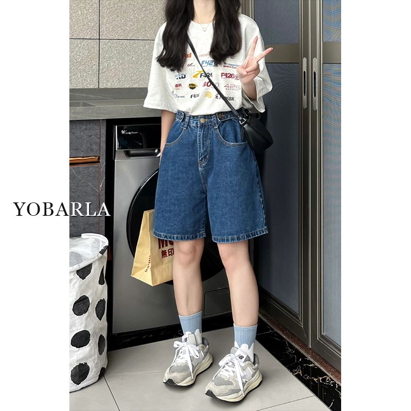 速发蓝色直筒牛仔短裤高腰夏季新款大码宽松阔腿五分短裤子