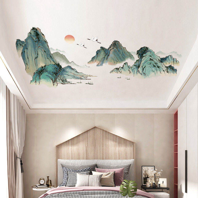 速发中国风山水风景画天花间装饰遮纸房板卧室壁纸自粘壁纸墙贴画