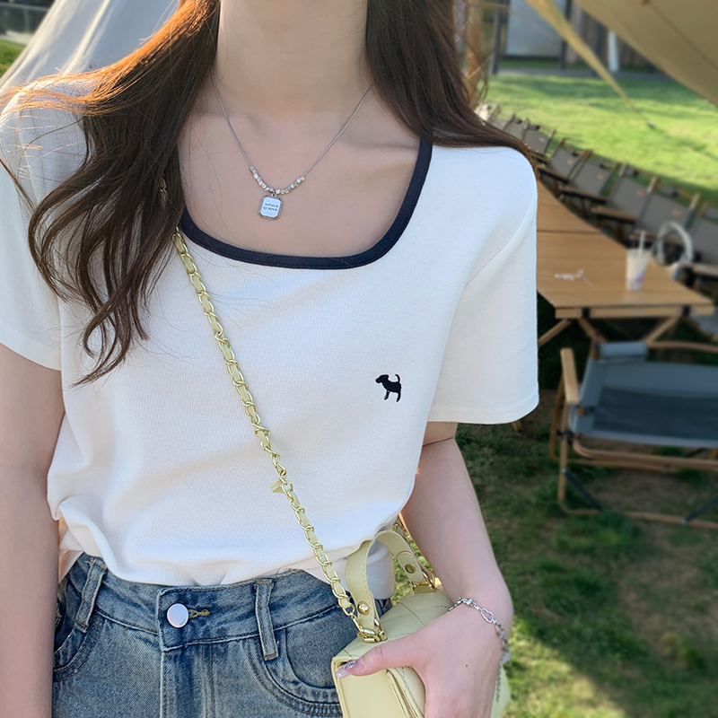 速发正肩t恤202新款夏方领法式锁骨设计感小众大领口上衣