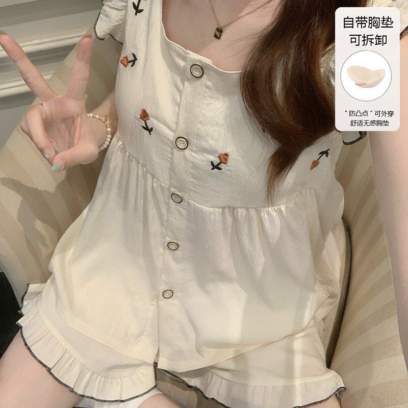 速发带胸垫夏天薄款睡衣夏季云朵棉甜美花边无袖背心休闲家居服套