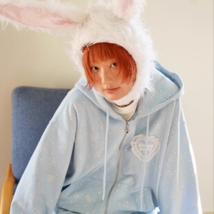 SleepyFairy原创波点蕾丝少女兔子秋冬加绒连帽卫衣卫裤 蓝色套装