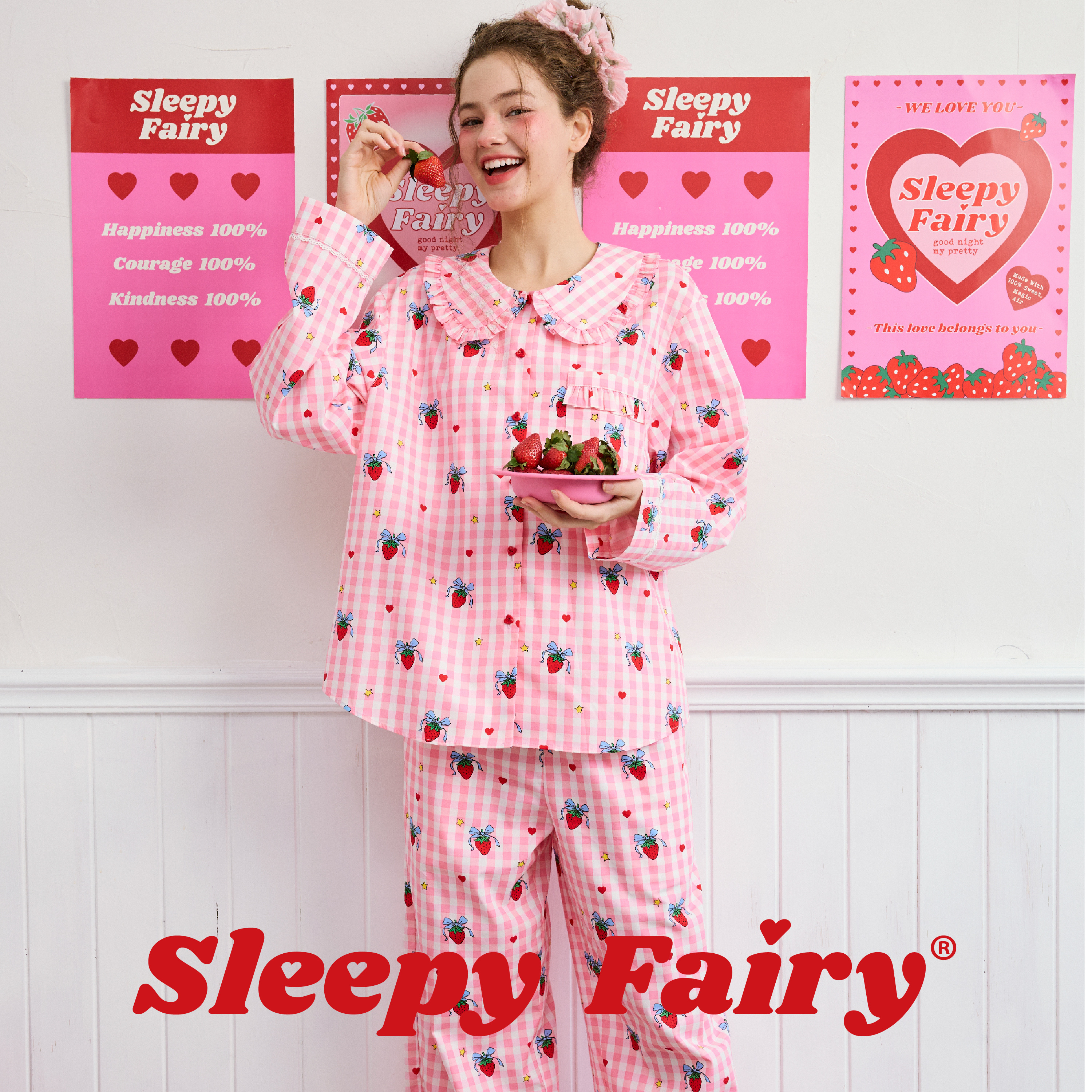 SleepyFairy25SS原创草莓粉格子少女娃娃领纯棉早秋长袖睡衣套装
