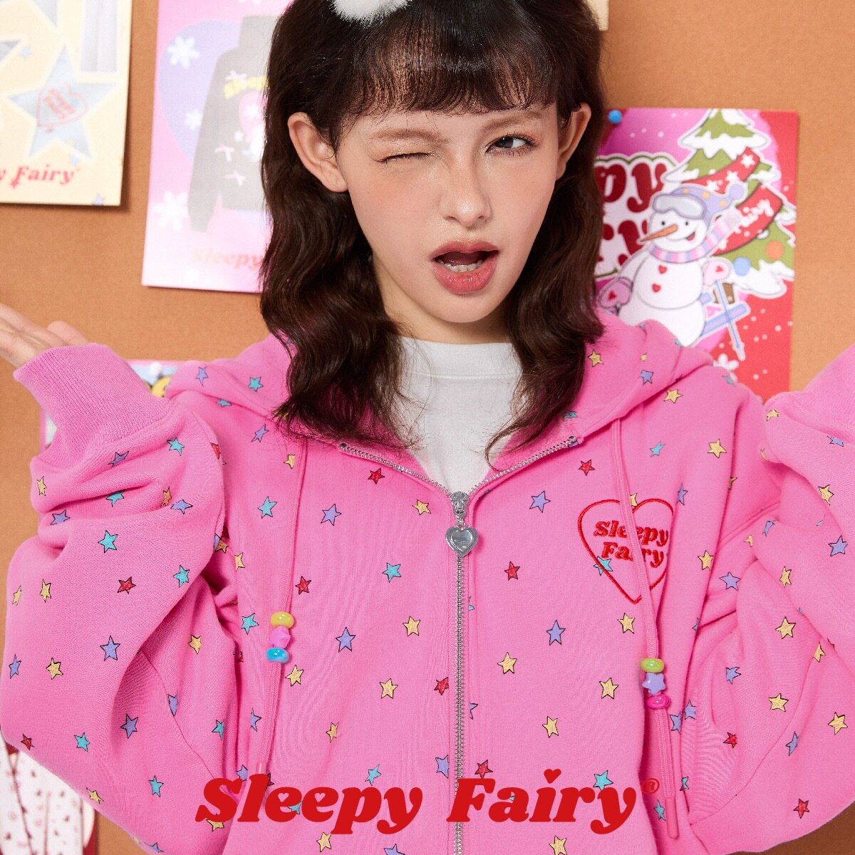 SleepyFairy粉色少女彩色星星碎花涂鸦连帽拉链卫衣外套韩系