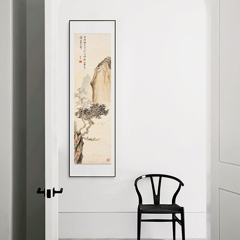 新中式山水装饰画玄关竖版长条国画客厅过道挂画书房茶室古代壁画