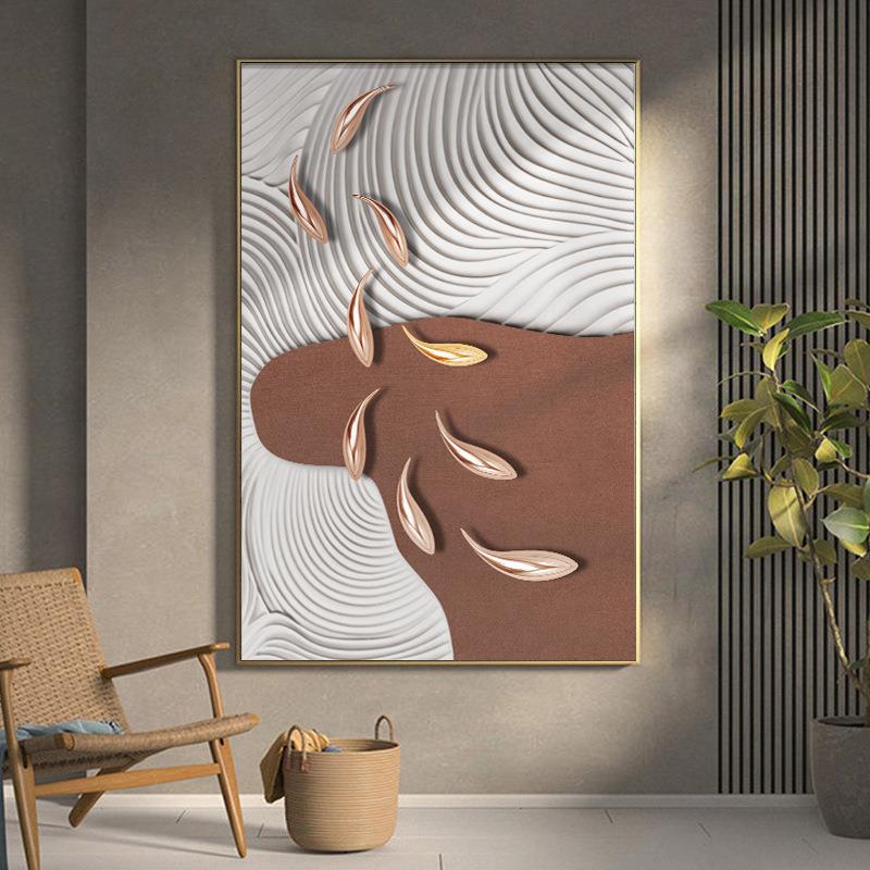 鱼聚财高档酒店挂画立体肌理感样板房装饰画设计师别墅玄关壁画图片