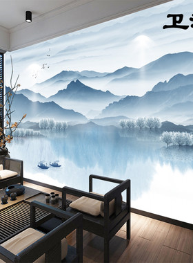 好货新中式壁画背景墙布3d无缝真丝布水墨山水画电视墙纸壁布来图