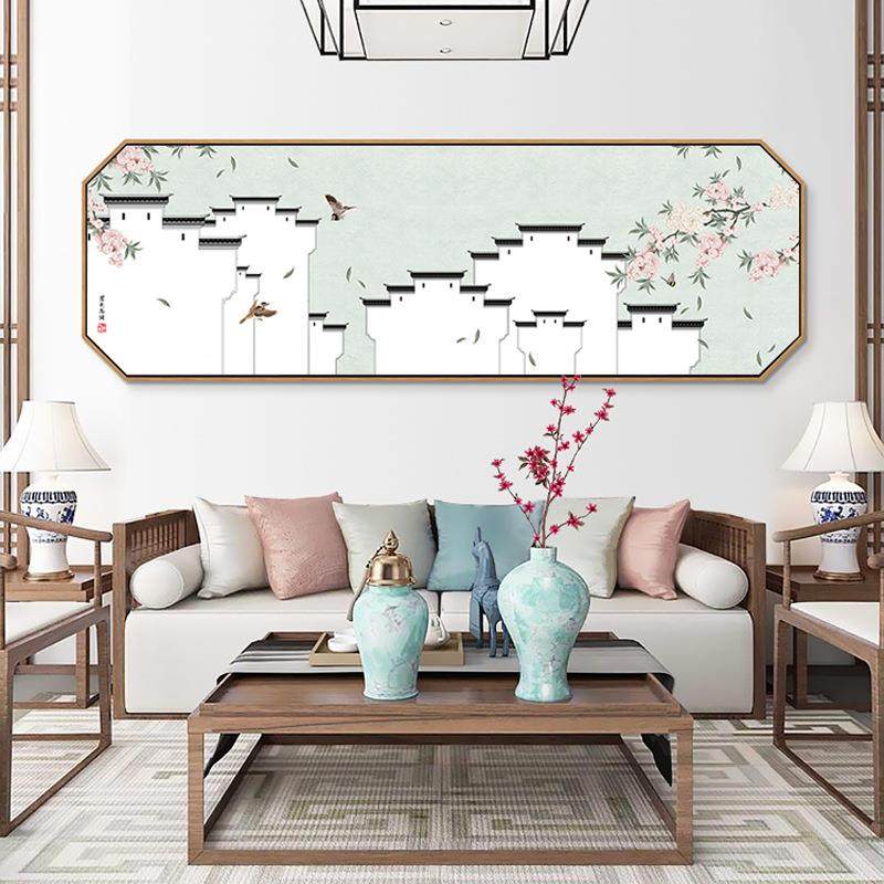 徽派建筑新中式客厅装饰画茶室沙发背景花鸟挂画卧室床头横版墙画