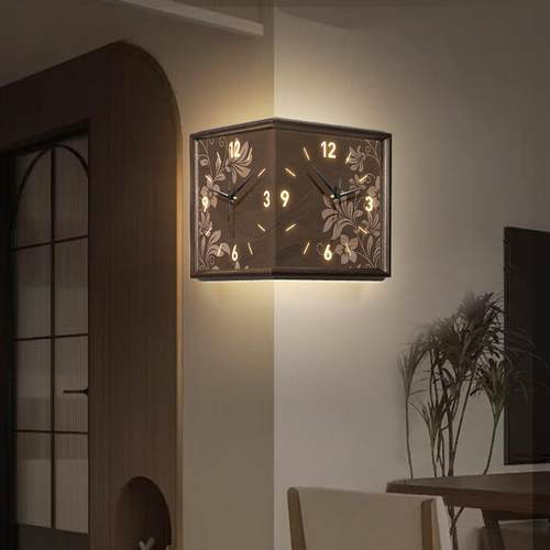 客厅墙面转角双面挂钟创意中古风时钟壁灯拐角钟免打孔植物阳角钟