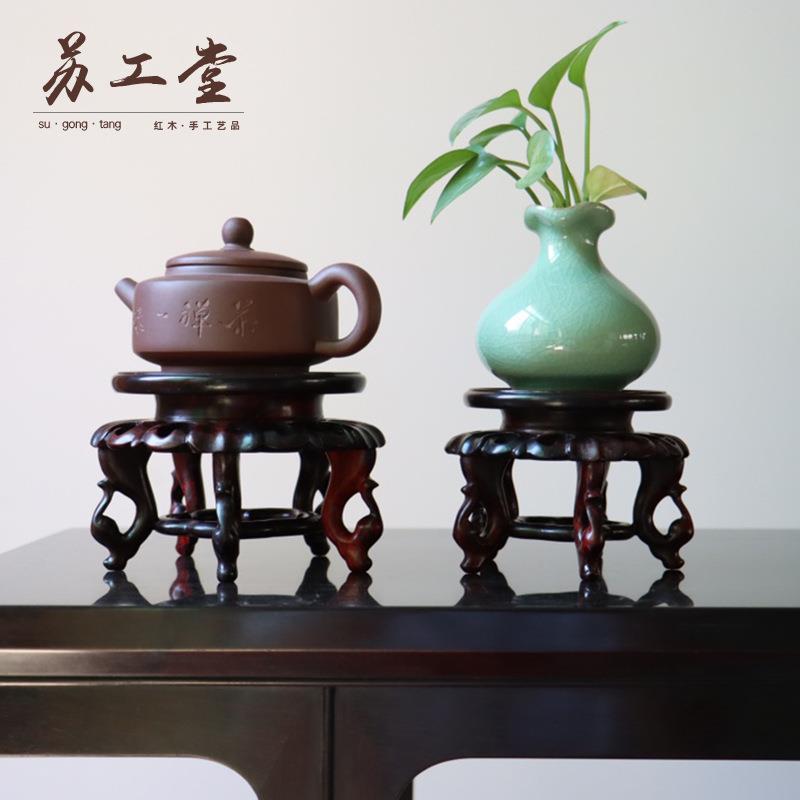 大红酸枝底座中式实木雕刻香几工艺品圆形花瓶摆件底托室内外摆饰
