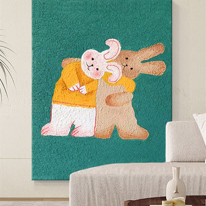 绿色可爱卡通兔子歪头儿童房挂画客厅玄关装饰画砂岩肌理手绘油画
