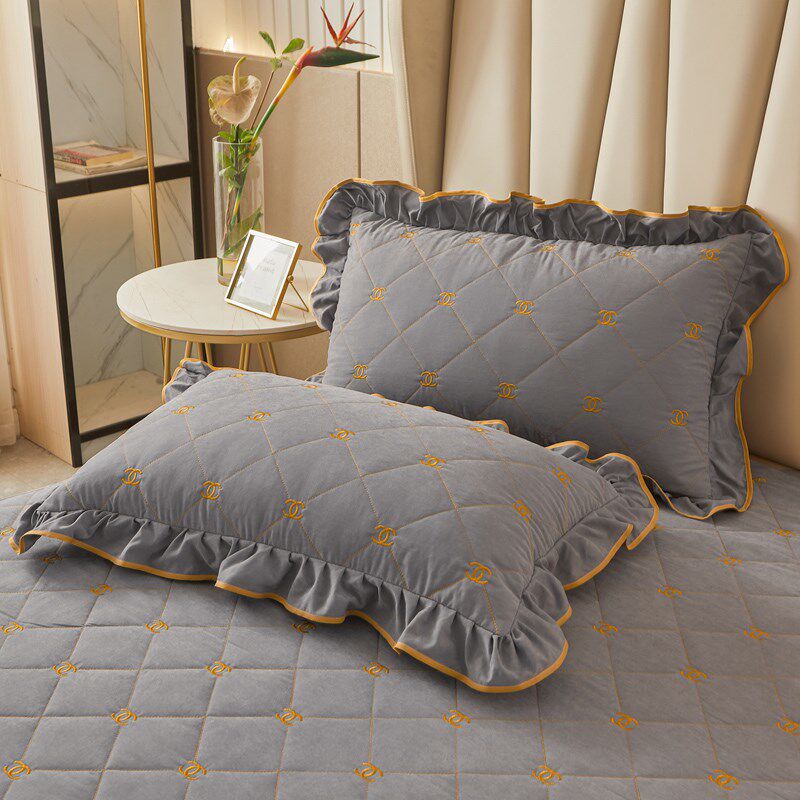 纯色夹棉绗缝枕套一对装荷叶花边加厚枕头芯内胆套子48x74cm单人