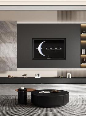 黑色岩板地台长条定制电视柜现代简约客厅意式极简地柜壁炉柜储物