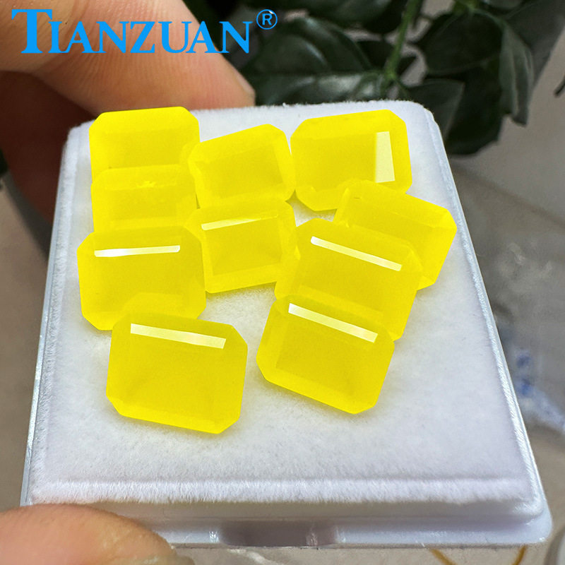 长方倒角祖母绿切工人工合成强荧光奶油黄半透明黄带棉钇铝石榴石