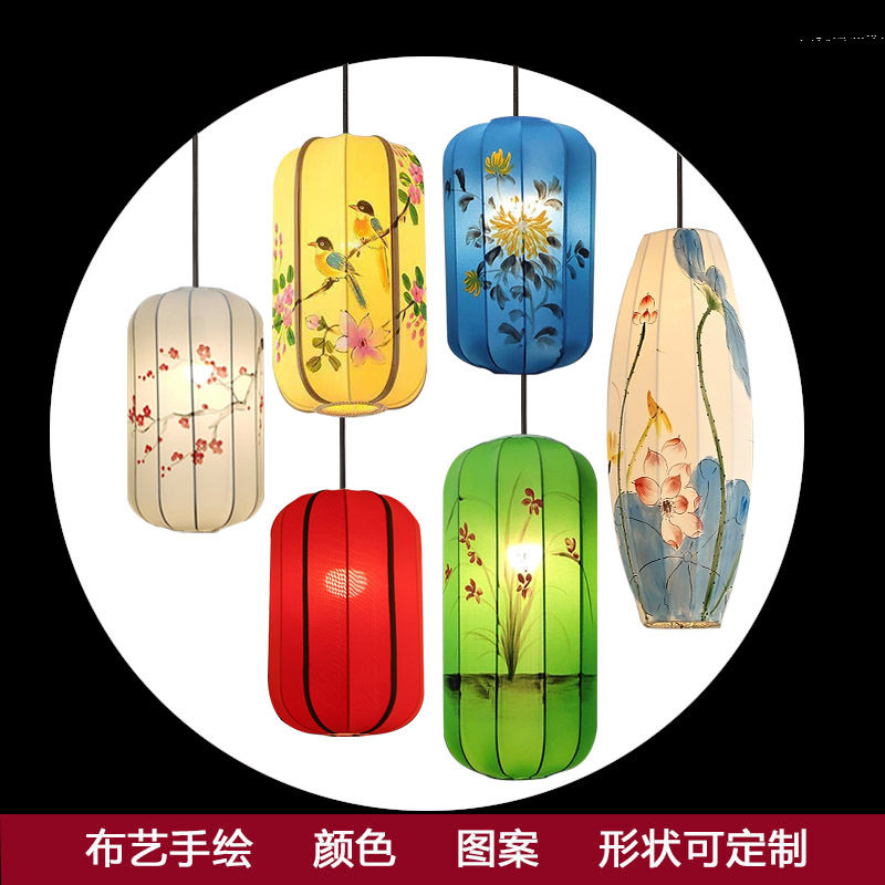 新中式布艺手绘灯笼仿古典宫灯餐厅茶楼过道创意冬瓜长形布艺吊灯
