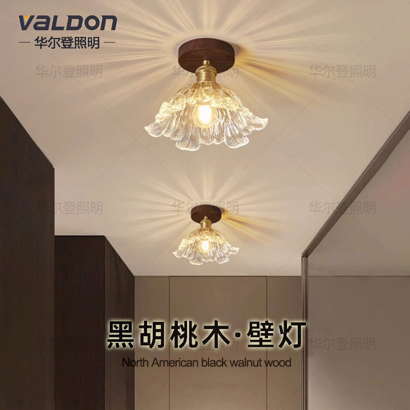 新中式过道灯吸顶灯胡桃木美式中古风入户玄关阳台走廊复古灯具