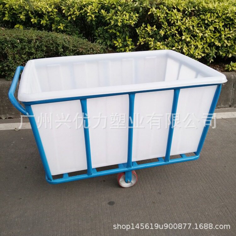 可出口印尼越南服装厂用四轮推布车 /防生锈塑料牛筋桶装布车