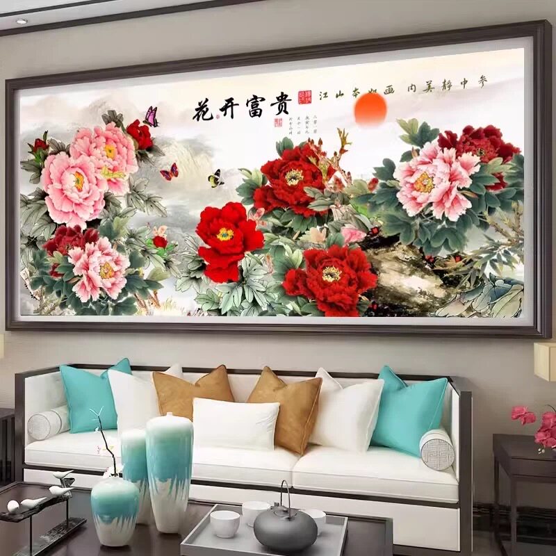 ?纯手工十字绣成品花开富贵江山如画新款客厅牡丹图现代简约装饰