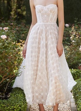 现货速发Good Job法式白色薄纱连衣裙重工鱼骨芭蕾风吊带裙镂空性