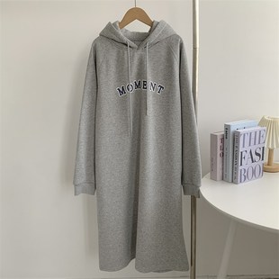 快速发货字母加绒连帽中长款过膝盖宽松J懒惰风卫衣裙女懒人连衣
