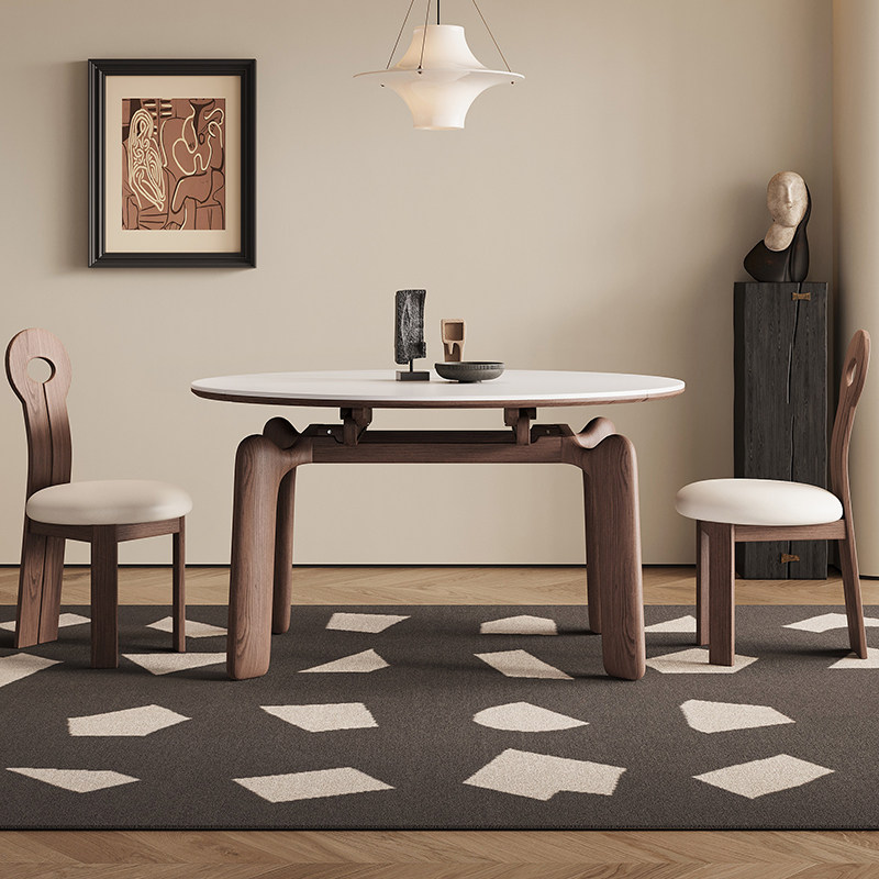 岩板实木餐桌客厅简约家用小户型可伸缩可变圆桌2024新款折叠餐桌