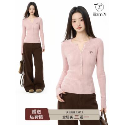amX粉色亨利领针织衫女秋