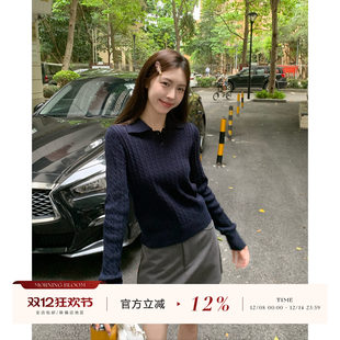 新款 morning bloom复古翻领麻花针织衫 女秋季 polo上衣 休闲打底衫