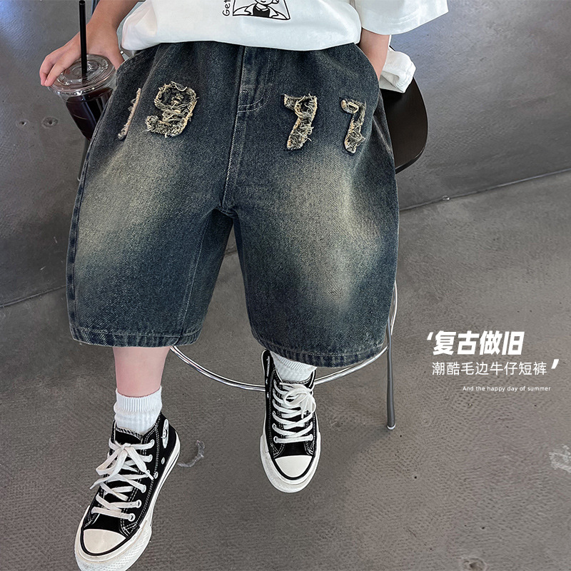 CHC乔伊斯男童牛仔短裤2024夏装新款韩版儿童复古字母绣花裤子潮