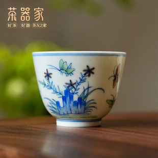 茶器家见山烧景德镇手绘青花斗彩茶具品茗杯斗彩青花瓷三秋杯茶杯