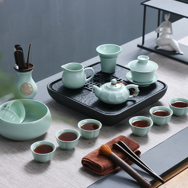 速发整套汝窑陶瓷功夫茶具套装汝瓷茶壶盖碗茶杯茶洗茶道六君子茶