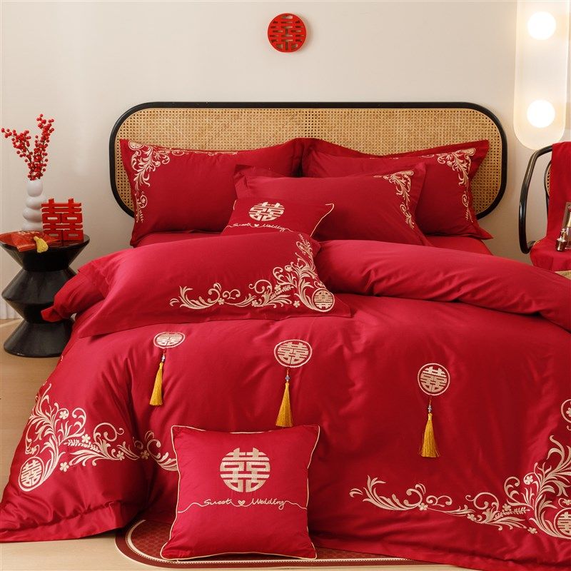 在耳边全棉长绒棉100s贡v缎结婚大红色四件套纯棉刺绣婚庆床上用